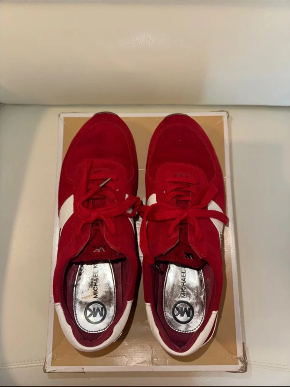 MICHAEL KORS RED & WHITE SUEDE LACE-UP SNEAKER